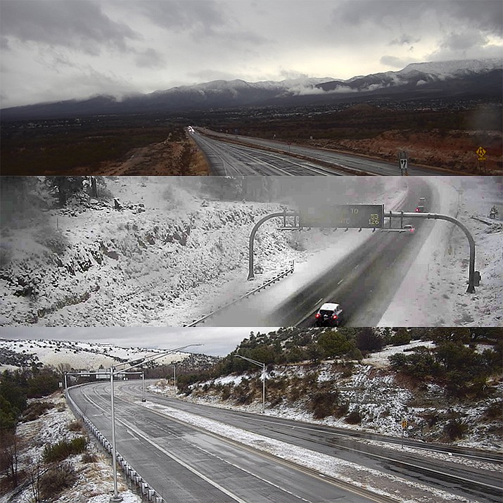 ADOT cameras captured the weather and traffic at 4:45 p.m. Sunday simultaneously in Cottonwood, Flagstaff and Prescott areas (from top to bottom).