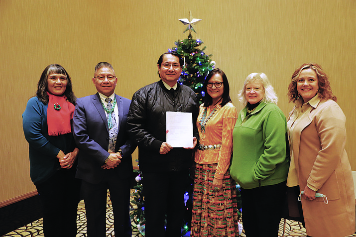From left: Navajo Nation Division of Natural Resources Executive Director Bidtah Becker, Vice President Myron Lizer, President Jonathan Nez, First Lady Phefelia Nez, Senior Legislative Attorney for BFAS Ledy VanKavage, Senior Manager of Learning Advancement for BFAS Aimee Charlton. (Photo/Best Friends Animal Society)