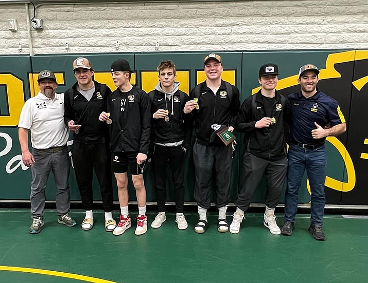 Five Prescott wrestlers competed in the 55th Annual Peoria Invitational over the weekend of Jan. 6 and 7 and all five placed in their divisions, including Landen Frances, third from right, who claimed first place. (Prescott wrestling/Courtesy)