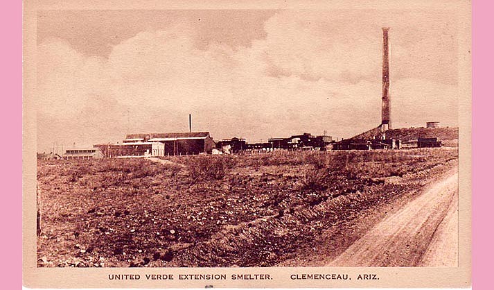 UVX Smelter Complex:  Dominating the landscape was the brick stack built on top of Smokestack Hill. It was 425 feet high and 30 feet in diameter at the base, making it the largest in the world. At the left, the brick Warehouse is now the Senior Center on Sixth Street. Main Street on the right is now Willard. (Postcard; Albertype Co., Brooklyn, N.Y.)