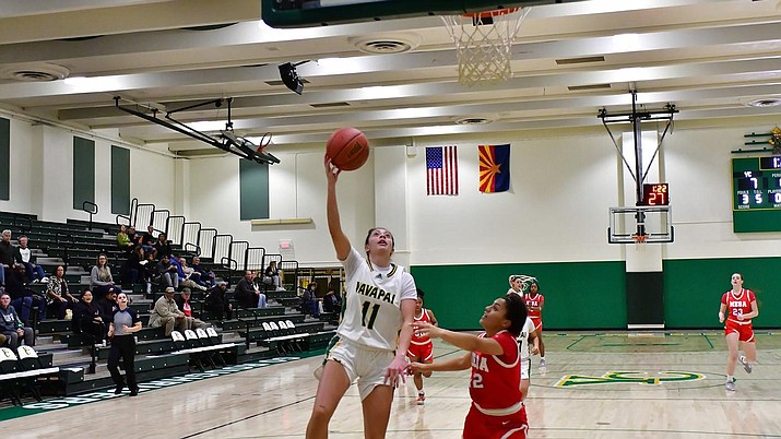 Yavapai guard Brooklyn Wiltbank (11) goes for a layup during a game against Mesa on Wednesday, Jan. 11, 2023, at Yavapai College. (Chris Henstra/Courtesy)