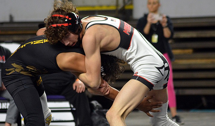 Main photo: Brody Townsend in action during the gold-medal bout during the 2022 Arizona State Wrestling Championships, which he won. (VVN/file/Raquel Hendrickson)
