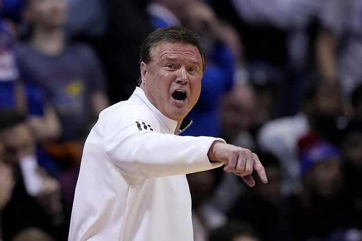 Kansas head coach Bill Self talks to his players during the second half of an NCAA game against Iowa State Saturday, Jan. 14, 2023, in Lawrence, Kan. Kansas won 62-60 (Charlie Riedel/AP)