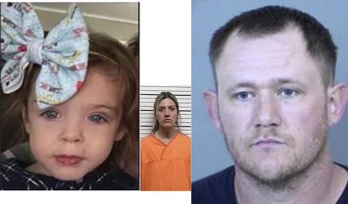 This image  (left) provided by the Oklahoma Highway Patrol is of 4-year-old Athena Brownfield from a missing-person flyer. (Oklahoma Highway Patrol via AP, File). Center, Alysia Adams (photo provided by Caddo County Sheriff's Office shows). Right, Ivon Adams (booking photo provided by the Oklahoma State Bureau of Investigation).