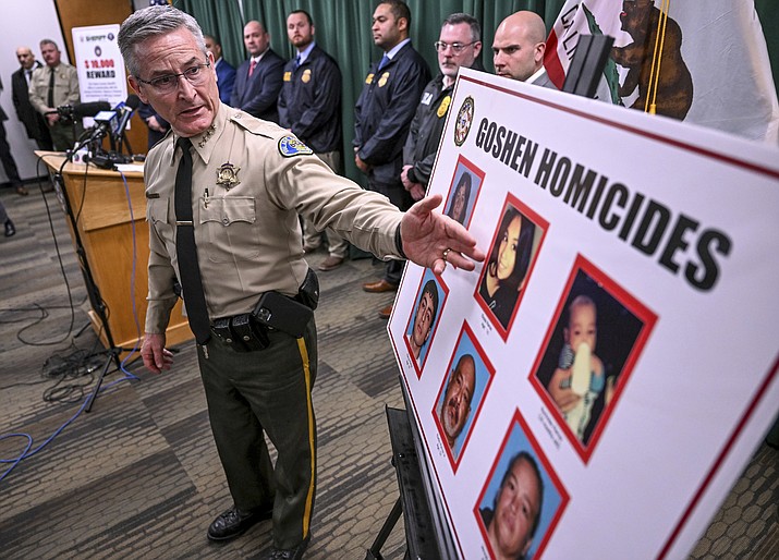 Tulare County Sheriff Mike Boudreaux speaks during a news conference Tuesday, Jan. 17, 2023, in Visalia, Calif., about the victims from a shooting the before that left six people dead in Goshen. (Ron Holman/The Times-Delta via AP)