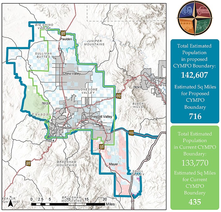 The boundary of the Central Yavapai Metropolitan Planning Organization (CYMPO) currently takes in Prescott, Prescott Valley, Chino Valley, Dewey-Humboldt and portions of unincorporated Yavapai County. (CYMPO/Courtesy)