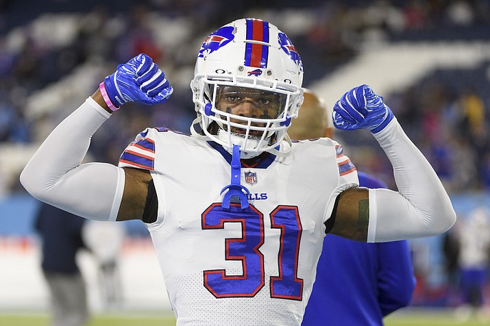 Buffalo Bills safety Damar Hamlin (31) is shown before an NFL football game against the Tennessee Titans on Monday, Oct. 18, 2021, in Nashville, Tenn.  (John Amis/AP, File)