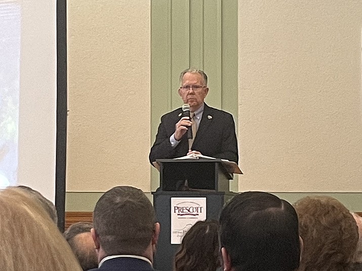 Prescott Mayor Phil Goode delivers his State of the City address during the Prescott Chamber of Commerce 2023 Annual Meeting Thursday, Jan. 19, 2023. (Jim Wright/Courier)