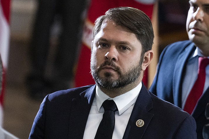 Rep. Ruben Gallego, D-Ariz., is seen in the U.S. Capitol, July 14, 2022, in Washington. Gallego says he’ll challenge independent U.S. Sen. Kyrsten Sinema of Arizona in 2024. Monday's announcement makes Gallego the first candidate to jump into the race in the battleground state and sets up a potential three-way contest. No Republican has currently announced a run. (Tom Williams/Pool photo via AP, File)