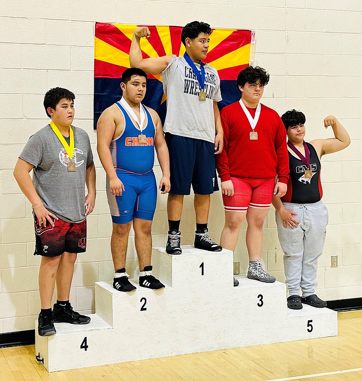 Mile High Middle School eighth-grader Elijah Carr, far left, finished in fourth place in the heavyweight division at the Arizona Jr. High & Middle School State Championships on Saturday, Jan. 21, 2023, in Gilbert. (Mike Frascone/Courtesy)