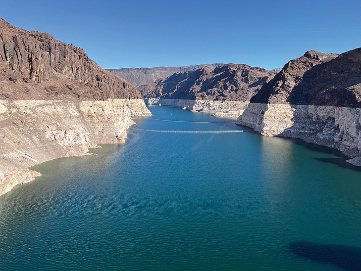 Water levels at Lake Mead, Nevada, photographed from the Hoover Dam on Oct. 26, 2022, are at 26% of the reservoir’s capacity, which is visible from the change in color of the lake’s walls. (Photo/Jacob Fischler/Arizona Mirror)