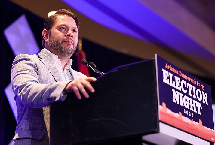 Rep. Ruben Gallego. D-Phoenix, speaks at an election party for Arizona Democrats in Phoenix on Nov. 8. Gallego, a five-term House member, announced Monday that he will run for the seat of first-term Sen. Kyrsten Sinema, who left the Democratic Party last month to become an independent. (File photo by Mary Grace Grabill/Cronkite News)