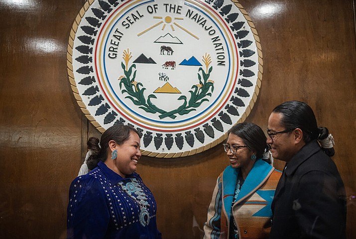 Navajo Nation President Buu Nygren and First Lady Jasmine Blackwater-Nygren congratulate Navajo Nation Council Speaker Crystalyne Curley at the Council Chamber in Window Rock, Ariz. (Sharon Chischilly/Source NM)