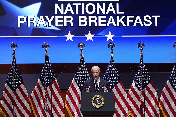 President Joe Biden speaks at the National Prayer Breakfast, Feb. 3, 2022, on Capitol Hill in Washington. (Patrick Semansky/AP, File)