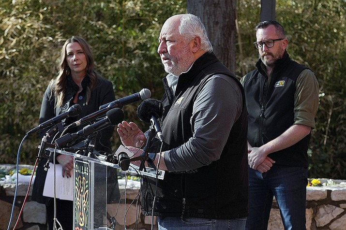 Gregg Hudson, center, executive director and CEO of Dallas Zoo Management, Inc., responds to questions during a news conference at the zoo as Dallas Police Department spokesperson Kristin Lowman, left, and Harrison Adell, right, executive vice president of animal care and conservation for the zoo, looks on, Friday, Feb. 3, 2023, in Dallas. (Tony Gutierrez/ap)