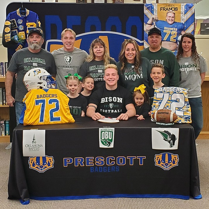 Landen Francis of Prescott football signed his letter of intent to Oklahoma Baptist University in front of friends, family and other school personnel on Friday, Feb. 3, 2023, at the Prescott High School Library. (Aaron Valdez/Courier)