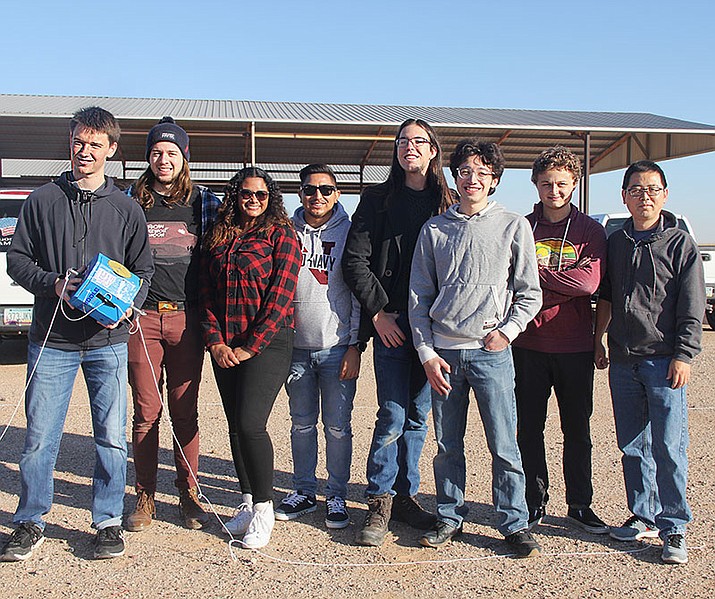 ASCEND team at the launch site. From left to right: Ben Knoell, Zach Howe, Somaralyz Grullon, Kevin Zamora, Ken Bee, Nicodemus Phaklides (alumni), Julian Turner, Dr. Yabin Liao. (Photo: Yabin Liao/Embry-Riddle)