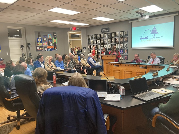 Some 50 speakers voiced a mix of opinions on a proposed, new K-12 Prescott unified School district social studies curriculum during a three-hour Prescott Unified School District Governing Board meeting Tuesday night, Feb. 7. (Nanci Hutson/Courier)