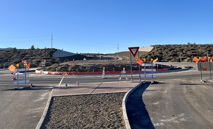 Construction work continues on the new roundabout intersection that is being added at the intersection of Pioneer Parkway and Commerce Drive in northeast Prescott. (Cindy Barks/Courier)