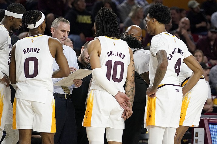 Arizona State's coach Bobby Hurley draws up a play late in the game against Utah during the second half of an NCAA college basketball game, Saturday, Feb. 18, 2023, in Tempe, Ariz. (Darryl Webb/AP)