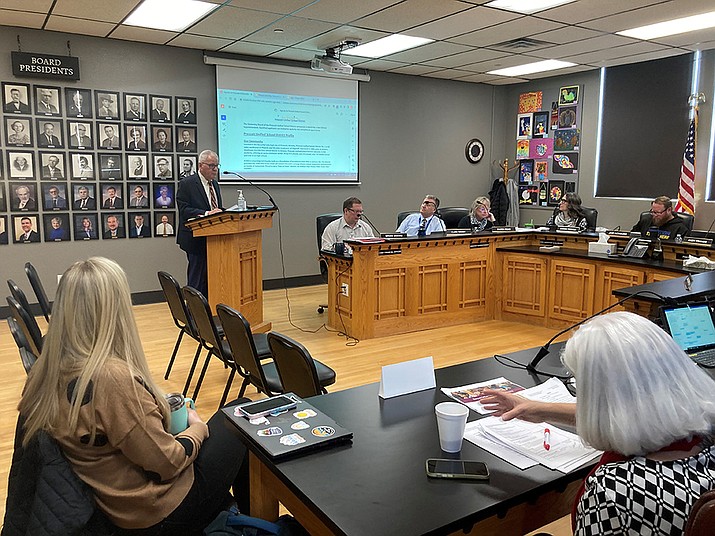 Arizona School Boards Association search consultant Mark Joraanstad reviews the search process with the Prescott Unified School District Governing Board (Nanci Hutson/Courier)