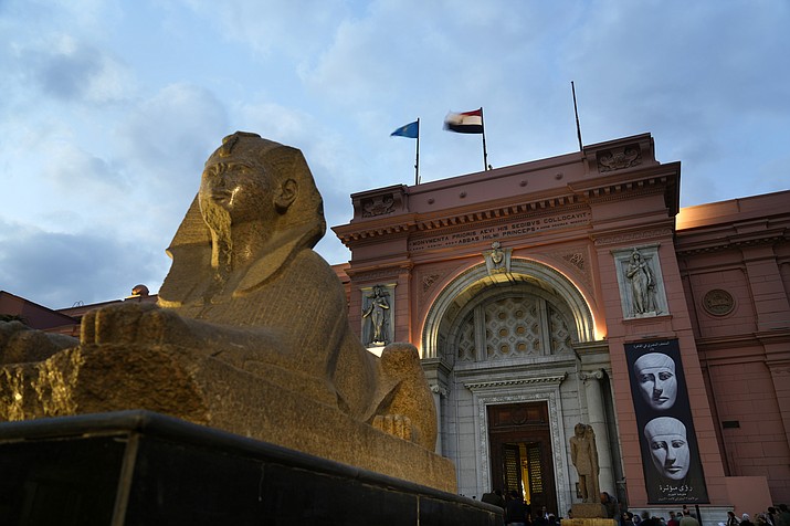 Egyptian and European flags fly over the Egyptian museum in Cairo, Egypt, Monday, Feb. 20, 2023. (Amr Nabi/AP)
