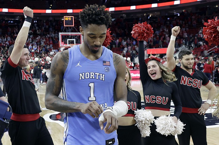 North Carolina forward Leaky Black (1) walks off the court after his team lost to North Carolina State in an NCAA game, Sunday, Feb. 19, 2023, in Raleigh, N.C. (Chris Seward/AP)