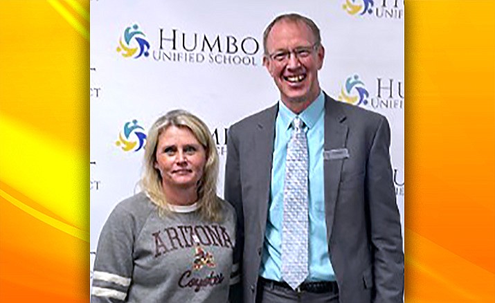 Honoree Jaclyn Beilfuss, left, and HUSD Superintendent John Pothast, right. (Humboldt Unified School District/Courtesy)