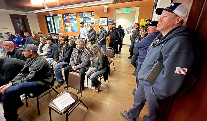 Dozens of community members and Copper Canyon firefighters listen during the Fire Board meeting at the Camp Verde Library on Wednesday, Feb. 22, 2023. (VVN/Vyto Starinskas)