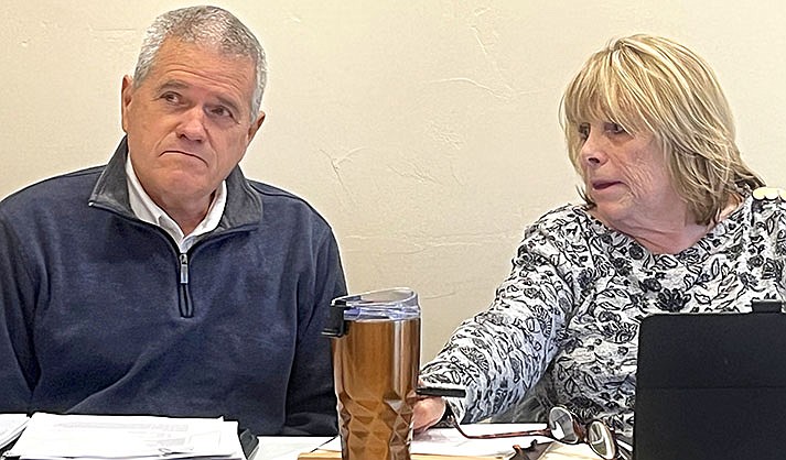 Chief Terry Keller and Chairperson Linda Welsch talk during the Fire Board meeting at the Camp Verde Library on Wednesday, Feb. 22, 2023. (VVN/Vyto Starinskas)