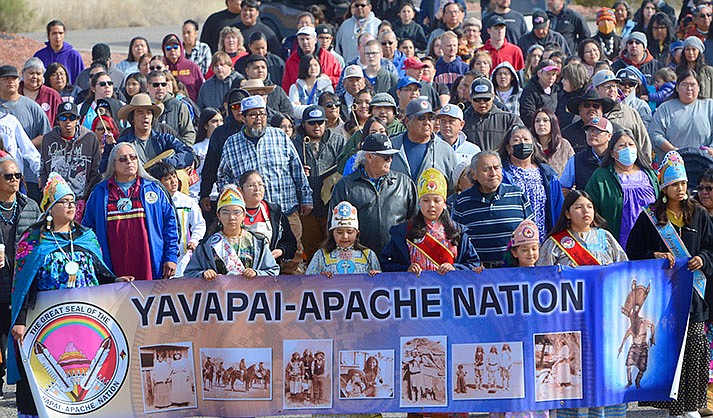 About 150 walkers welcomed the runners from San Carlos at the YAN Culture Center during the Yavapai-Apache Nation Exodus Day Commemoration on Saturday, Feb. 25, 2023. (VVN/Vyto Starinskas)