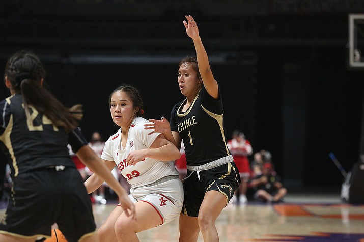 Chinle's Temyra Bia (#1) cuts off an offensive play against the Mustangs in the quarter final round of the 3A Girls State Basketball Championships last week. (Marilyn R. Sheldon/NHO)
