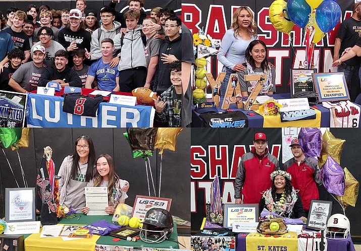 Bradshaw Mountain athletes Grady Rose, top left, Yasmine Bernal, top right, Maddie Brown, bottom left, and Inez Hatori Laa Cambra, bottom right, signed their letters of intent to continue playing their sports in college during an event on Friday, March 3, 2023. (Thomas Staples/Courier)