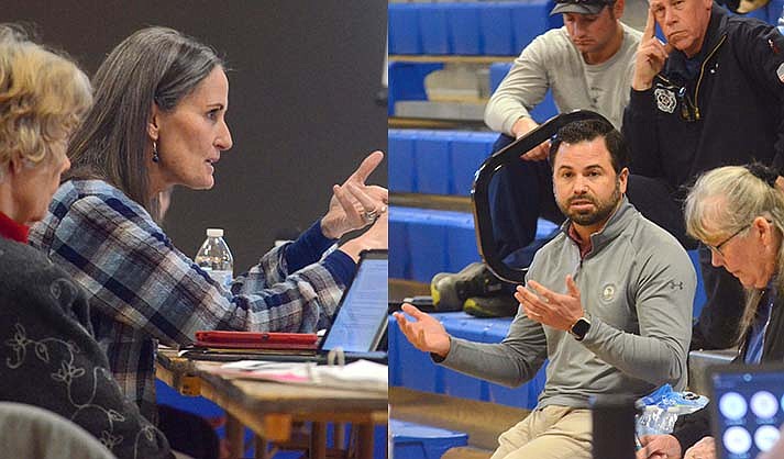 Fire Board Member Jenny Sabato makes a point during the Copper Canyon Fire District Board meeting Friday, March 3, 2023, in the Camp Verde community gym. Gabriel Buldra, from the James Vincent Group, presents different scenarios or options. (VVN/Vyto Starinskas)