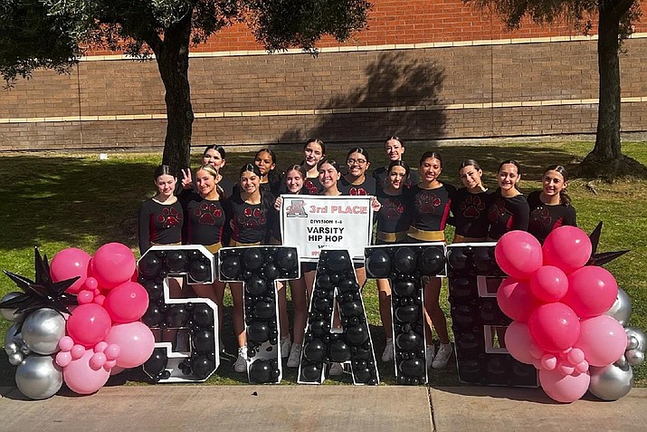 Winslow Bulldogs Cheer and Spiritline team finished the season with a third place victory at the Arizona State Cheerleading tournament in Phoenix in February.  (Photo/Winslow High School)