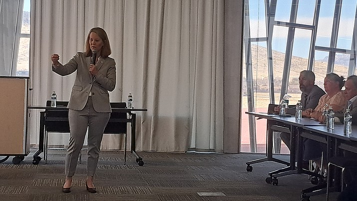 Arizona Attorney General Kris Mayes stopped by the Crystal Room at the Prescott Valley Public Library to speak to elected officials in the local area on Thursday, March 9, 2023. (Debra Winters/Courier)