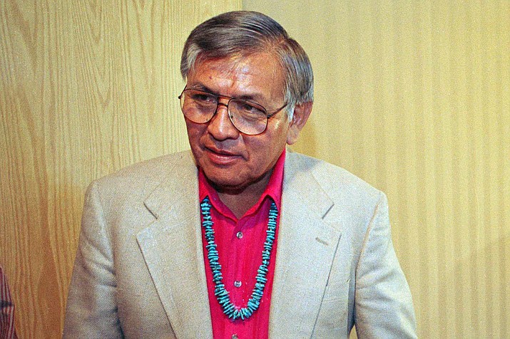 Navajo President Peterson Zah is pictured following a news conference after speaking with state health officials in Window Rock, Ariz., June 2, 1993, about the epidemic affecting mainly young Navajos. Zah, a monumental Navajo Nation leader who guided the tribe through a politically tumultuous era and worked tirelessly to correct wrongdoings against Native Americans, has died. He died late Tuesday, March 7, 2023, at a hospital in Fort Defiance , Arizona, after a lengthy illness, Navajo President Buu Nygren's office said. He was 85. (AP Photo/Eric Draper, File)