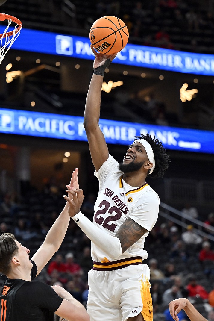 Arizona State forward Warren Washington (22) shoots against Oregon State during the second half of an NCAA game in the first round of the Pac-12 men's tournament Wednesday, March 8, 2023, in Las Vegas. (David Becker/AP)