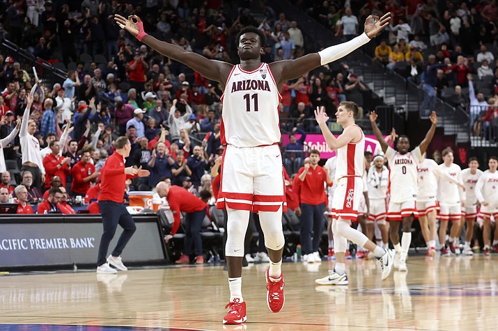Arizona center Oumar Ballo (11) reacts as the team leads against Arizona State during the second half of an NCAA game in the semifinals of the Pac-12 Tournament, Friday, March 10, 2023, in Las Vegas. (Chase Stevens/AP)