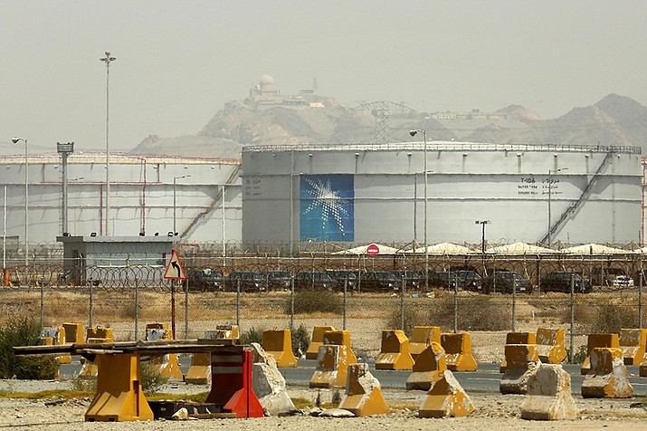 Storage tanks are seen at the North Jiddah bulk plant, an Aramco oil facility, in Jiddah, Saudi Arabia, on March 21, 2021. Oil giant Saudi Aramco said Sunday, March 12, 2023, it earned a $161 billion profit last year, attributing its earnings to higher crude oil prices.(Amr Nabil, AP File)