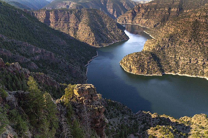 Flaming Gorge Reservoir stores water from the Green River in Wyoming, and is shared by Wyoming and Utah.