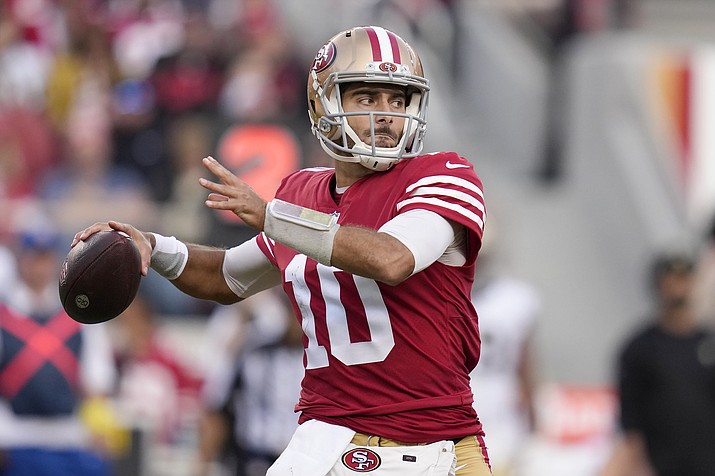 San Francisco 49ers quarterback Jimmy Garoppolo (10) passes against the New Orleans Saints during the second half of a game on Nov. 27, 2022, in Santa Clara, Calif. Garoppolo has agreed to a three-year, $67.5 million contract with the Las Vegas Raiders, according to a person with knowledge of the deal. The person spoke on condition of anonymity because the deal can’t be announced until Wednesday, March 15, 2023. (Godofredo A. Vásquez/AP, File)