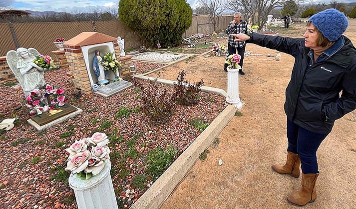 Alice De Geyter visits the grave of her mother, Lupe Perez, at the Azteca Funeral Lodge #3 Cemetery (the Old Mexican Cemetery) in Cottonwood on Monday, March 13, 2023, (VVN/Vyto Starinskas)
