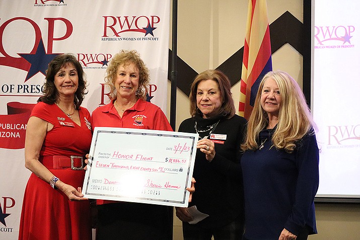 Karen Friddle of Honor Flight Arizona, accepts a check for $11,886 from the Republican Women of Prescott at a luncheon March 8, 2023. (RWOP/Courtesy)