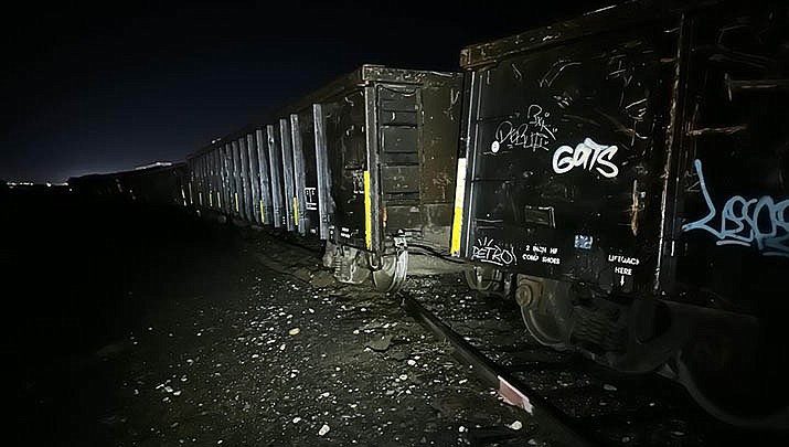 Ten empty railroad cars derailed in the Kingman Industrial Park at 2 a.m. on Thursday. (NAFD photo)