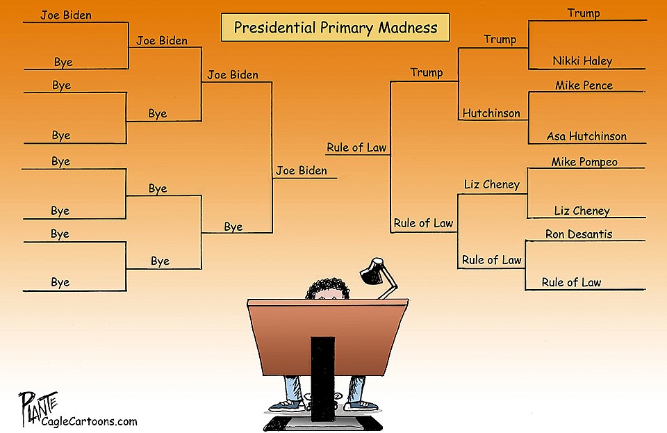 Presidential Primary Madness Bracket, President Joe Biden, Ex-President Donald J. Trump, Nikki Haley, Mike Pence, Asa Hutchinson, Mike Pompeo, Liz Cheney, Ron Desantis, Rule of Law, Campaign 2024, election, Rule of Law