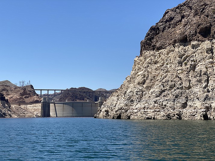Lake Mead water levels behind the Hoover Dam in May 2022 show the effect of long-term drought on water levels there. One plan to prop up water levels in the Colorado River basin is to pay farmers in Upper Basin states to converse water. (Christopher Clark/Bureau of Reclamation via Cronkite News)