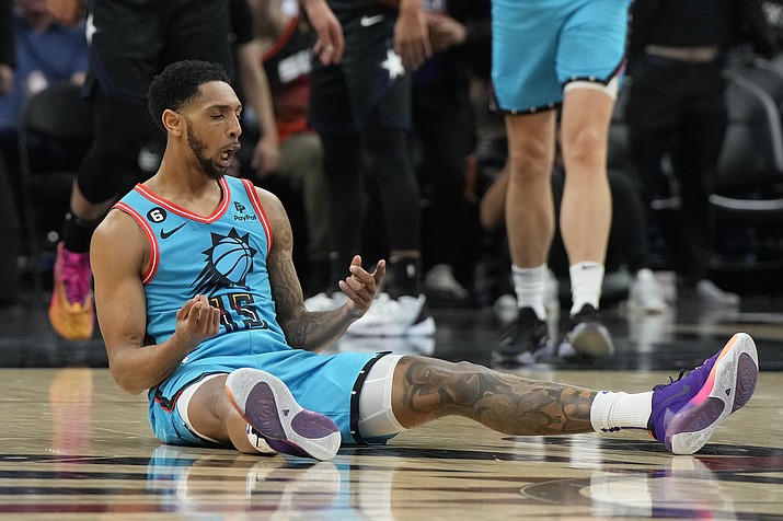 Phoenix Suns guard Cameron Payne (15) reacts after scoring a basket and getting fouled during the first half of a game against the Orlando Magic, Thursday, March 16, 2023, in Phoenix. (Rick Scuteri/AP)