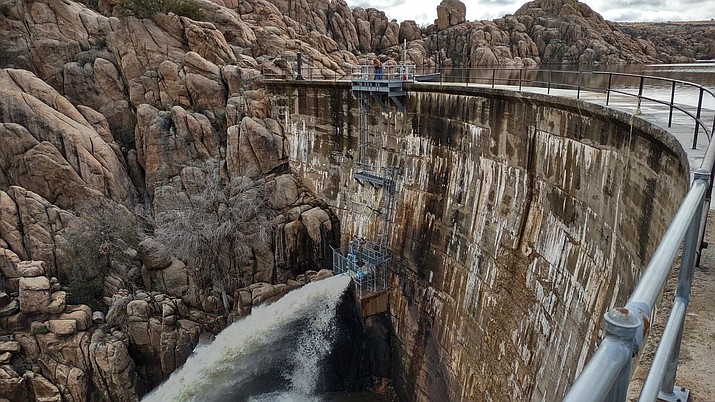 A discharge valve has been opened at Watson Lake’s Granite Creek Dam to help keep the lake at a safe level. The city opened valves at both Watson and Willow lakes on Monday, March 20, 2023 for a controlled release of water. (Scott Gregorio, City of Prescott Wastewater Superintendent/Courtesy)
