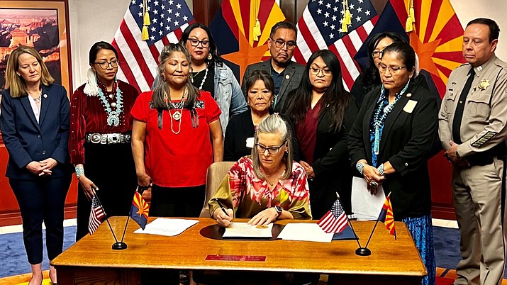 Gov. Katie Hobbs signed an executive order to establish the Missing and Murdered Indigenous Peoples Task Force on March 7. (Shondiin Silversmith/Arizona Mirror)